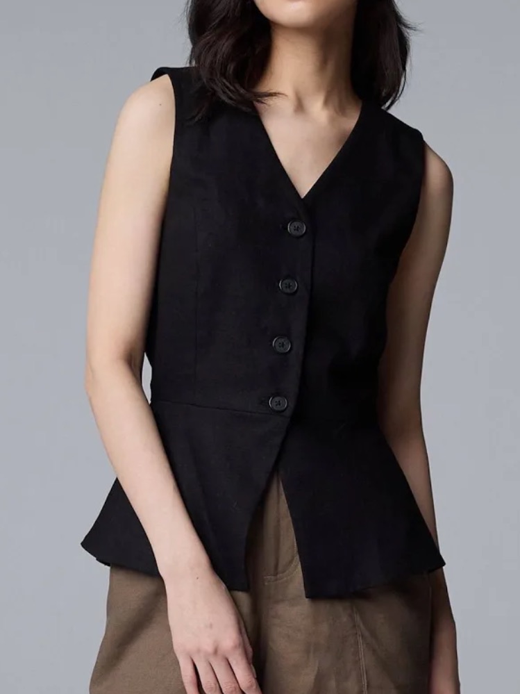 Two Piece Linen Set Simply Vera Wang Black V-Neck Button Vest W/Shorts Medium
